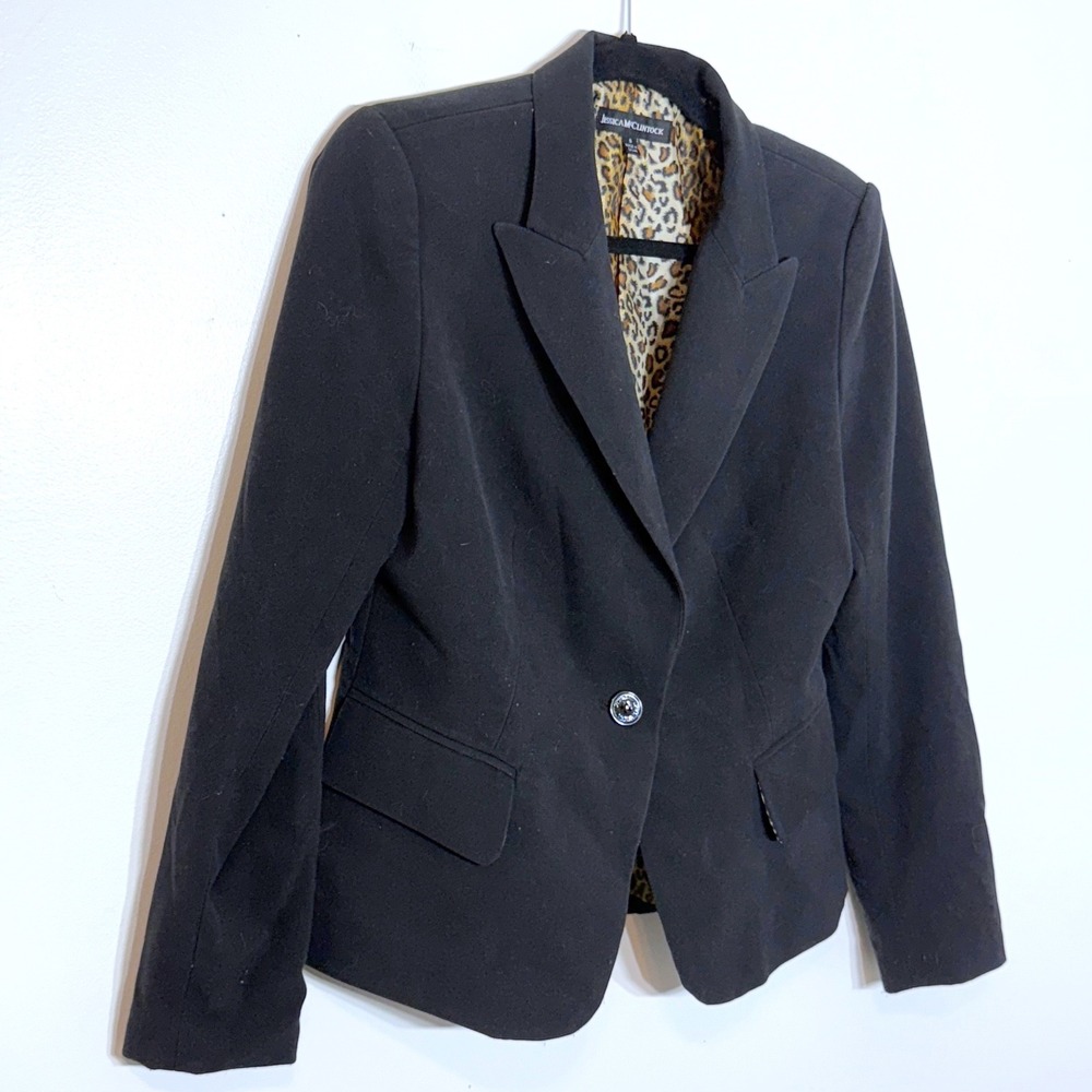 Jessica McClintock Black‎ Blazer Leopard Lined Jacket Women's Size 8